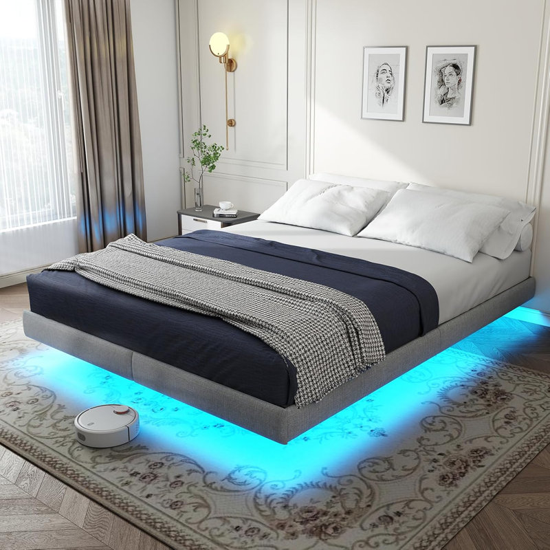 Cowen Floating Bed Frame with LED Lights Metal Slats Underbed Storage Space No Box Spring, King, Gray