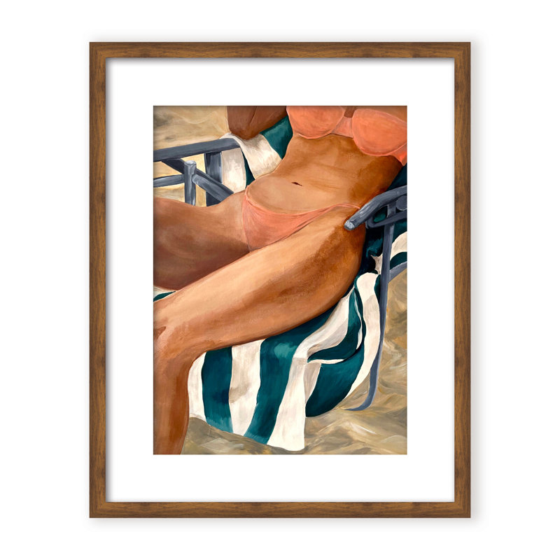 Coastal Retreat Riviera Retreat: Woman Lounging On Beach Towel And Chair, 40" H x 30" W x 1.125" D, White, Framed Print