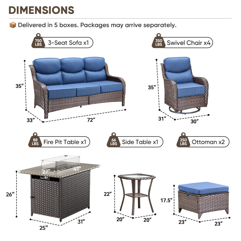 Prunier 9-Piece Outdoor Wicker Patio Conversation Set With Rectangle Fire Pit, 3-Seat Sofa, Ottomans, 4 Swivel Gliders And Side Table