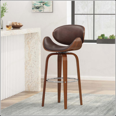 Mid-Century Modern Swivel Bar Stool with Bentwood Frame and Chrome-Finished Foot Rail, Ideal for and Office Use.