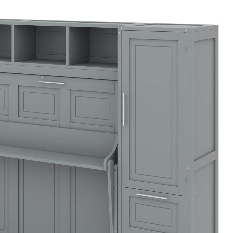 Lit escamotable double avec placard et tiroirs, Gris