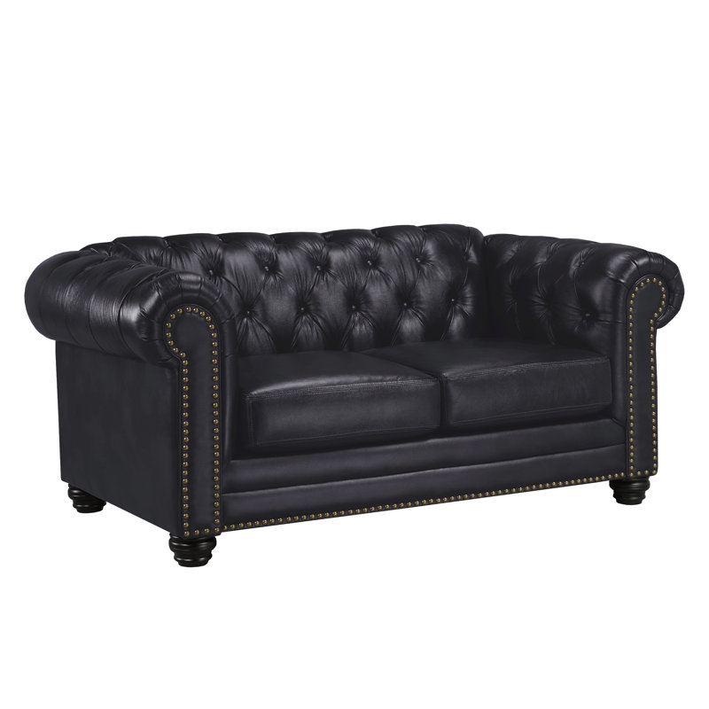 Ornellas 70" Leather Rolled Arm Chesterfield Loveseat, Black Leather Match