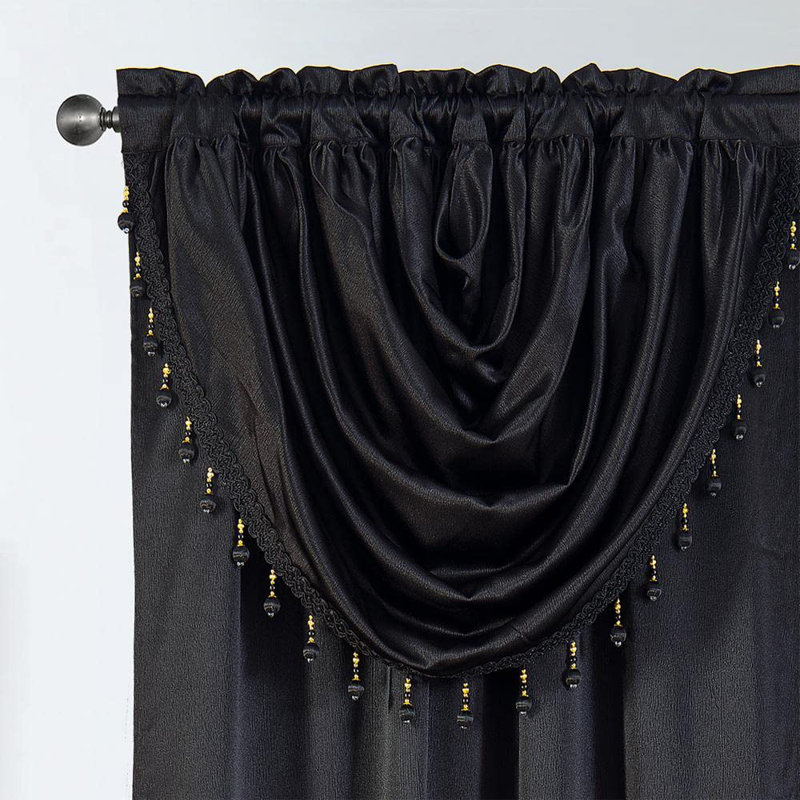 Luxurious Black Polyester Window Panel with Attached Valance, 42" x 84"