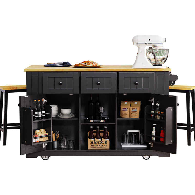 Black Kitchen Island With 2 Seats, Power Connection, Internal Storage Unit, Drop Leaf, 5 Side Shelves, 3 Drawers For Stunning Areas Chairs,