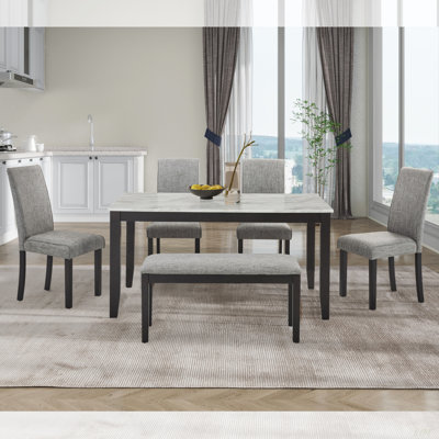 6-Piece Dining Set With Tabletop, Faux Marble Dining Table Set For 6, Modern Wooden Dining Table Set With Bench And 4 Chairs For Kitchen And Dining Room, White +Dark Espresso(Dining Set)