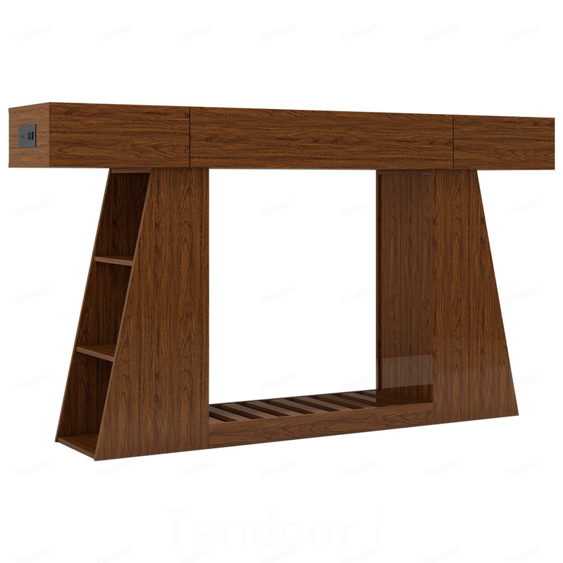 Console étroite avec prise de courant intégrée, canapé de style campagnard derrière le canapé, table de vestibule avec compartiment de rangement latéral et tablette inférieure à lattes