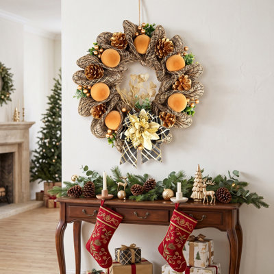 Burlap Plaid Pre-lit Christmas Wreath, 15.7 Inch Lighted Wreath with Orange Velvet Balls, Pinecones, Golden Poinsettia for Winter Front Door Decor