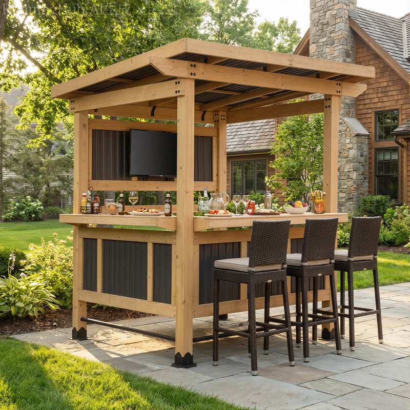 Gazebo de divertissement en bois de cèdre de 85 po de largeur avec support pour téléviseur, double comptoir de bar et toit en PVC