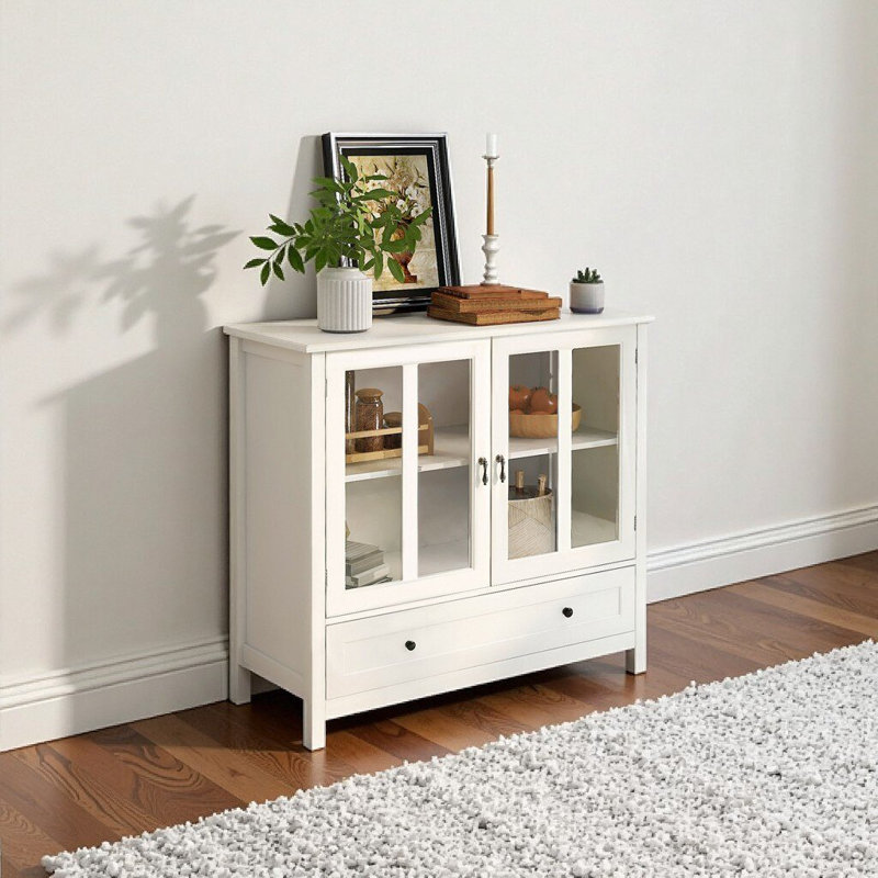 Buffet blanc rétro avec portes en verre sculptées doubles et poignée cloche unique - tablette de rangement réglable, L 39 po