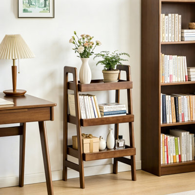 100% Solid Wood Ladder Shelf, 3 Tier Small Ladder Bookshelf, Freestanding Ladder Shelf with Open Storage,Side Table for Living Room, Bedroom, Study, Home Office, Saving Space, Walnut