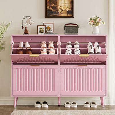 47.2" W 32 Pairs Shoe Storage Cabinet with 4 Flip Drawers, Freestanding Shoe Cabinet with Fluted Panel for Entryway