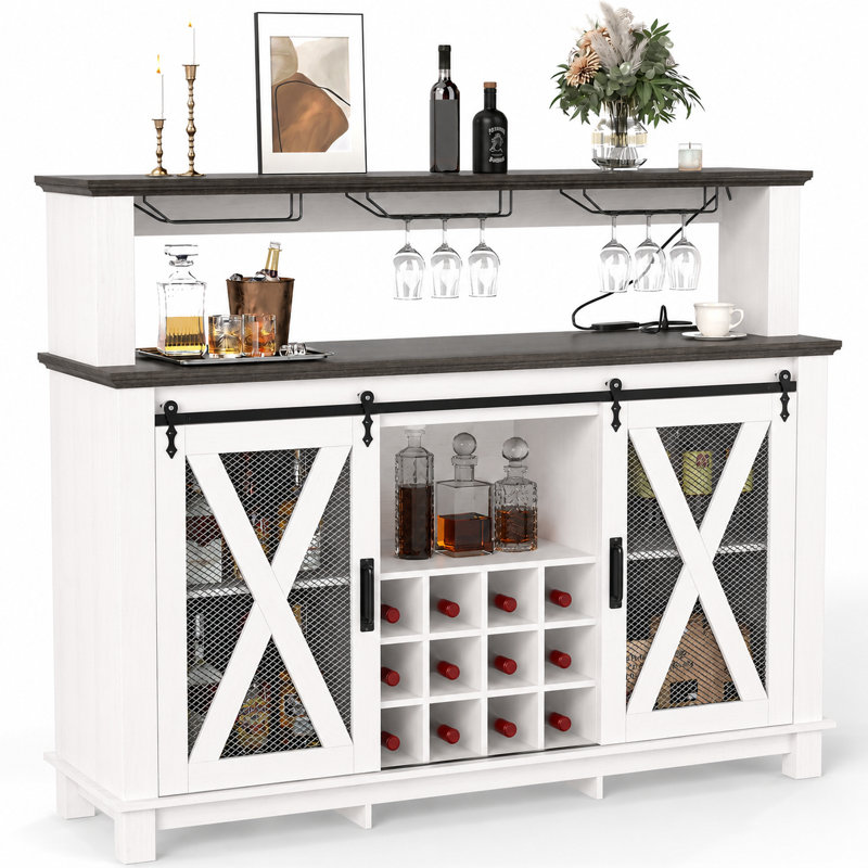  55" Farmhouse Bar Cabinet, Wine Coffee Bar Cabinet With Led Lights And Sliding Barn Door, Home Bar With Wine Racks And Glass Holder