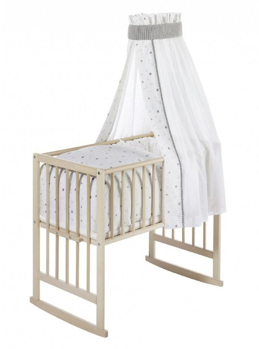 Bassinet with Mattress, Natural varnish with grey stars