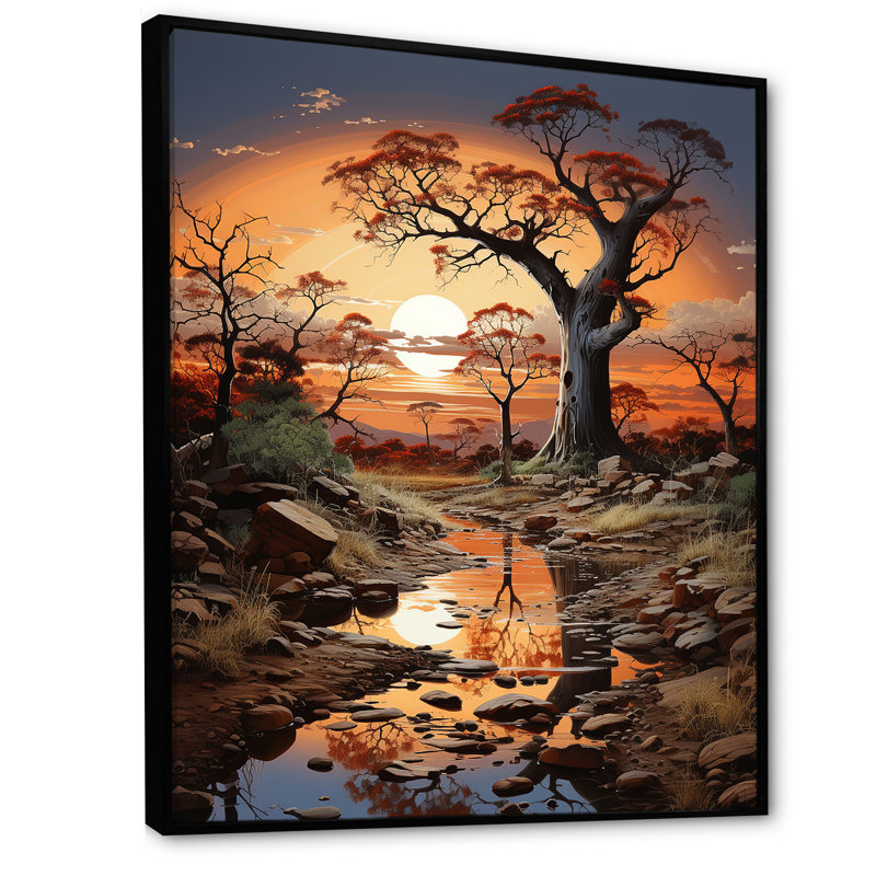 Baobab arbre surréel scène I - arbre baobab, art mural sur toile, Cadre flottant noir, H 32 po x l 16 po