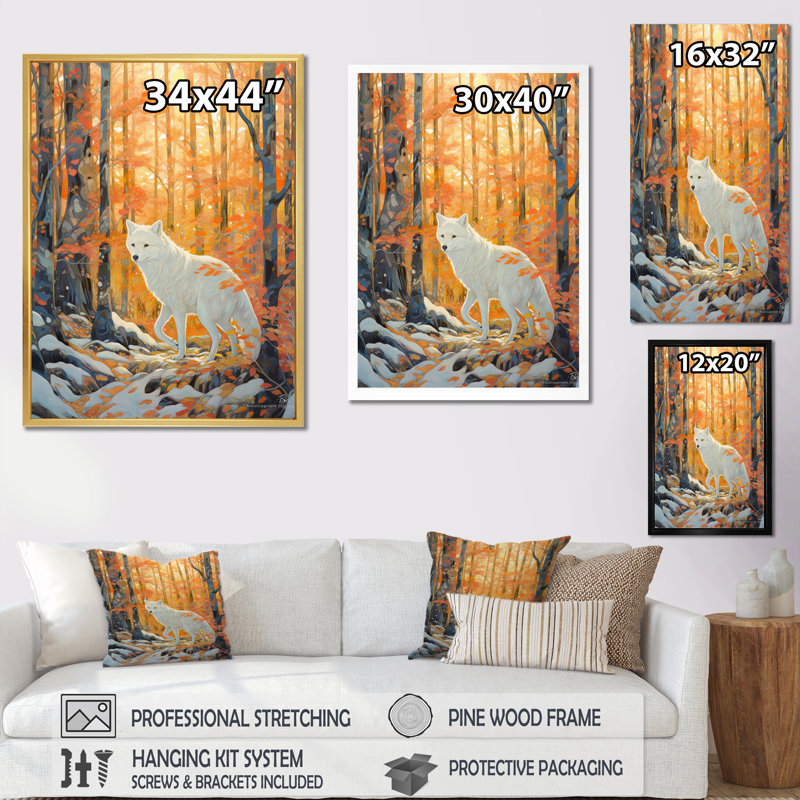 «White Wild Wolf In Winter Forest I», reproduction sur toile, Cadre flottant blanc, H 32 po x l 24 po x P 1 po