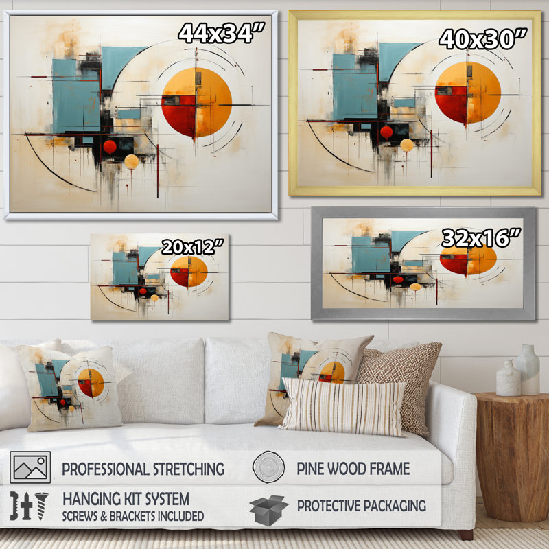 «Jaquesha Colorful Mid Century Abstract Elegance», reproduction sur toile, H 34 po x l 44 po x P 1,5 po, Cadre flottant noir