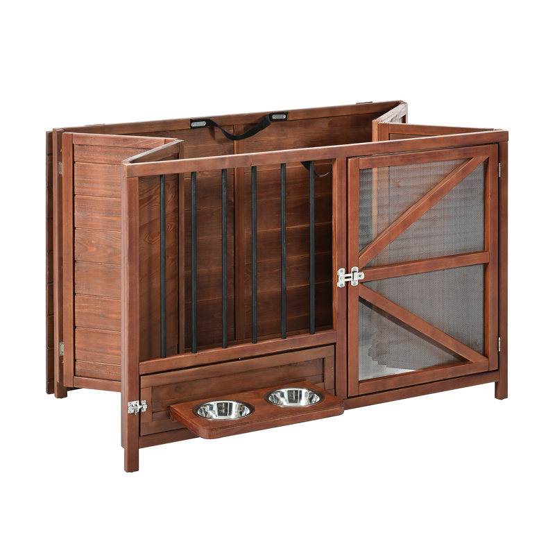 Cage pour chien en bois massif 43 po, chenil d'intérieur pliable avec mangeoire rotative, multi-utilité pour petits et moyens chiens, plateau coulissant portatif, design contemporain, style effet noyer teinté,