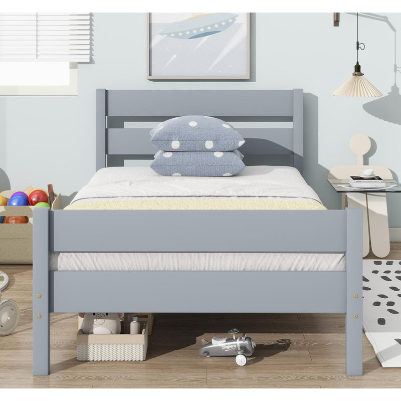 Twin Size Rubber Wood Bed Frame with Upholstered Headboard and Solid Wood Footboard - No Box Spring Needed, Gray