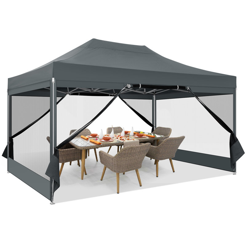 Auvent 10 po x 15 pi, abri de jardin escamotable avec filet grillagé, Gris