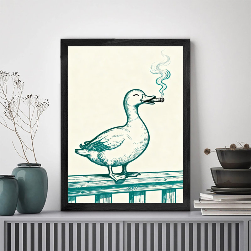 Reproduction d'art encadré noir avec canards rétro fumant confortablement, H 25 po x l 17 po