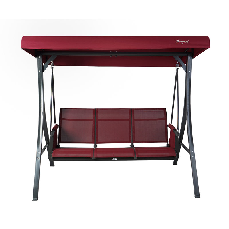 Kozyard Brenda 3-Seat Outdoor Porch Swing Glider, Patio Swing with Adjustable Canopy, Steel Frame, Breathable Textilene Seat & Back, Side Pockets Burgundy