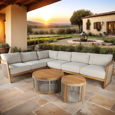 Guzal 6 - Piece Acacia Wood Patio Outdoor Sectional Conversation Set With Cream Cushions