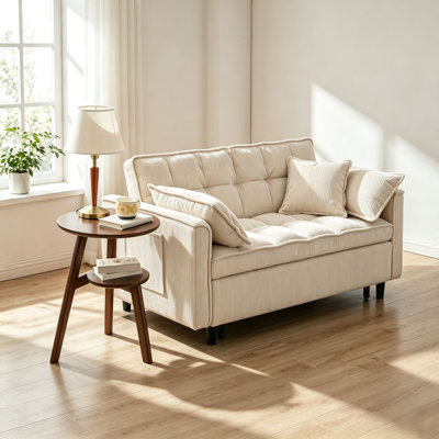 Canapé-lit pliant moderne 3 en 1 en velours côtelé de 140 cm avec 2 coussins lombaires et table d'appoint ronde à 2 niveaux en bois massif, ensemble de meubles multifonctionnels pour salon, chambre et bureau
