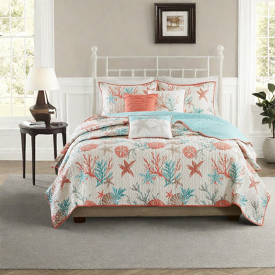 Ensemble de literie luxueux en satin de coton corail 6 pièces, design côtier pour la décoration intérieure