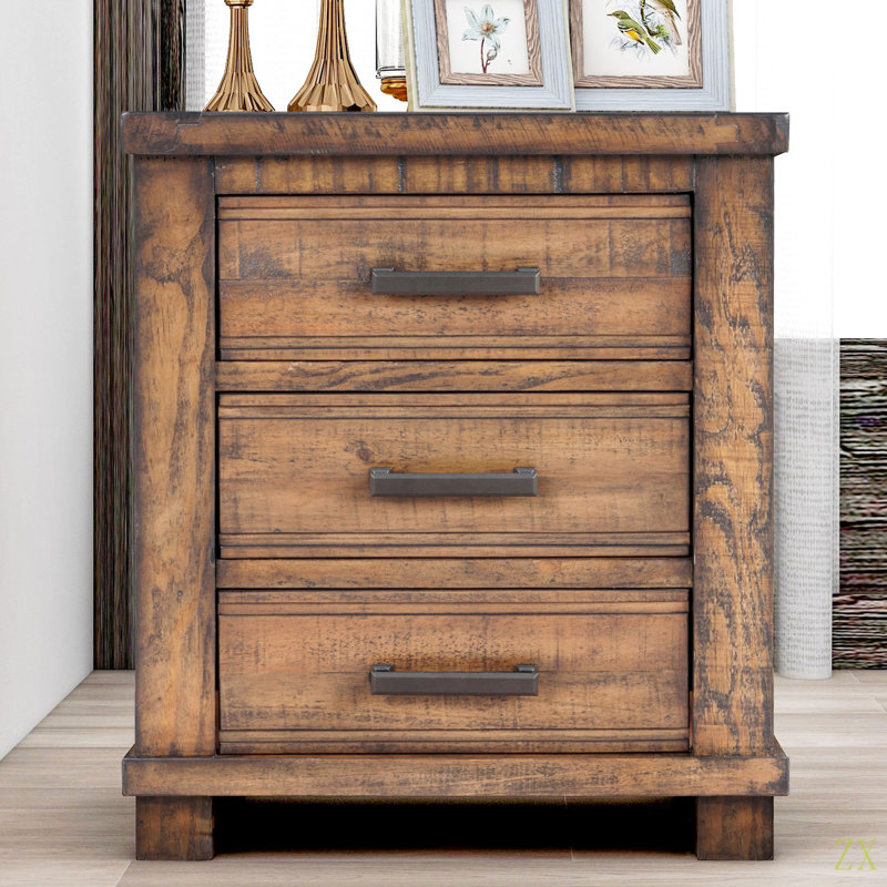 Table de chevet rustique en bois massif récupéré à trois tiroirs Rustic