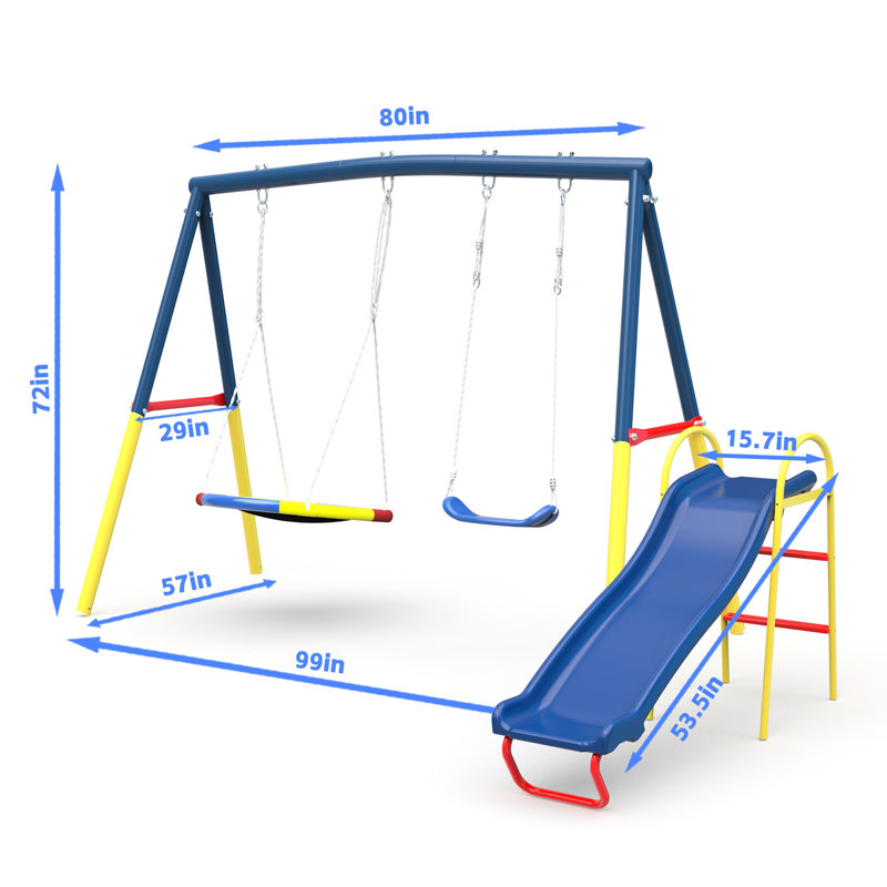 Balançoire 3 en 1, avec glissade, acier bleu de jardin conforme aux normes
