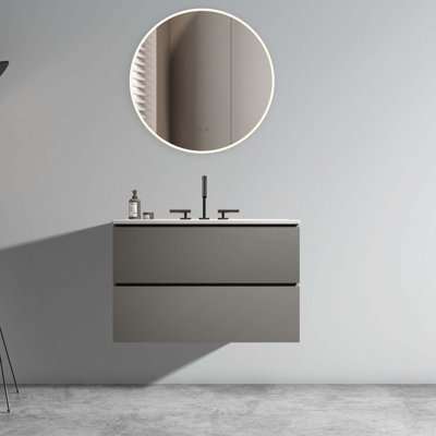 Meuble-lavabo mural en noyer avec lavabo en céramique avec trois trous de robinet, grand meuble-lavabo flottant de rangement pour salle de bain moderne, pré-assemblé