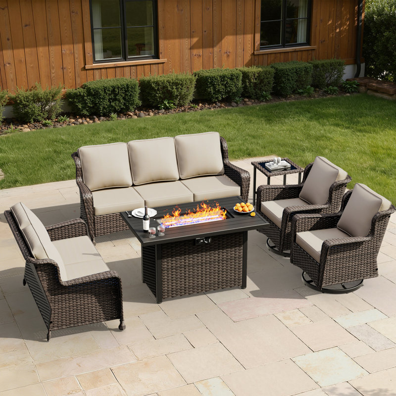 7-Person Outdoor Patio Conversation Rattan Seating Group With 2-In-1 Propane Fire Pit Table,2 Swivel Chairs and Beige Cushions