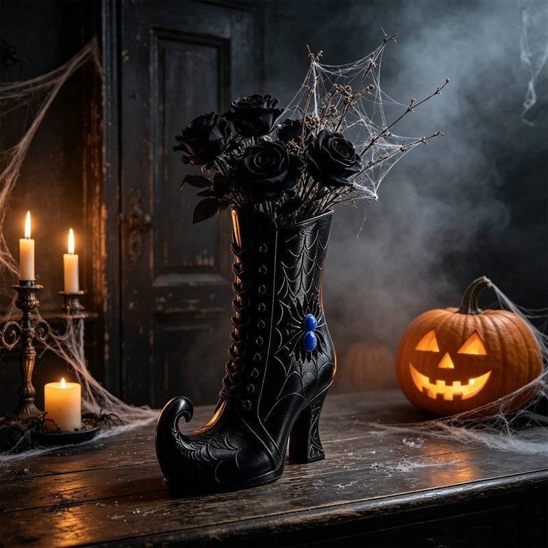 Vase de botte de sorcière gothique imprimé fleur de centre de table d'Halloween décorative pour foyer, Noir