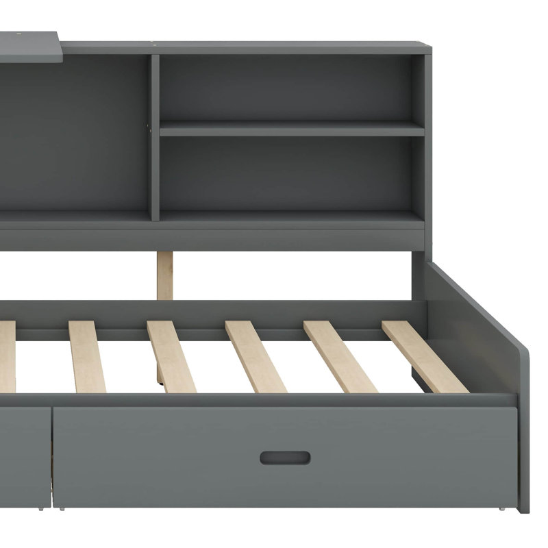 Wooden Twin-Size Platform Bed With Headboard Storage, Shelving Compartments, And Two Integrated Drawers, Gris