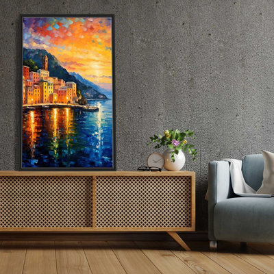 «Amalfi Coast, Italy At Twilight V3» par V2 Design Co. - Peinture sur toile à cadre flottant