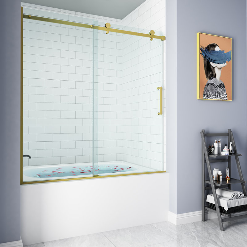 Porte de baignoire coulissante simple sans cadre avec verre transparent Castalia l 55 po x H 60 po, Or brossé