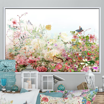 Garden Floral Canvas Wall Art, Pink Green Summer Flower Print - Modern Pink And Green Summer Garden