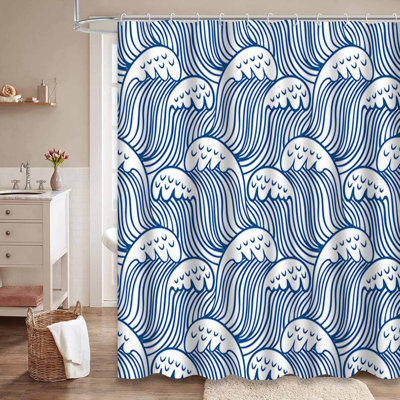Rideau de douche imperméable à rayures japonaises à motif de vagues bleues avec 12 crochets