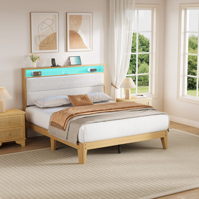 Full Size Boucle Bed Frame with Charging Ports  and LED Lights, Boucle Bed Frame with Full Storage Headboard, Noise-Free Heavy Duty Support, White