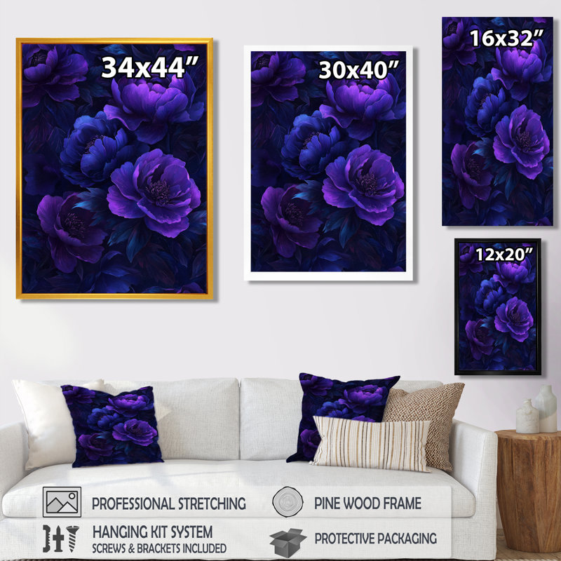 Mauve, pivoines et fleurs de minuit - impressions sur toile, Argent argent, Reproduction avec cadre flottant