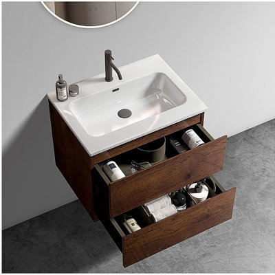 Meuble-lavabo mural de 24 po en noyer avec lavabo en céramique TIA TIA