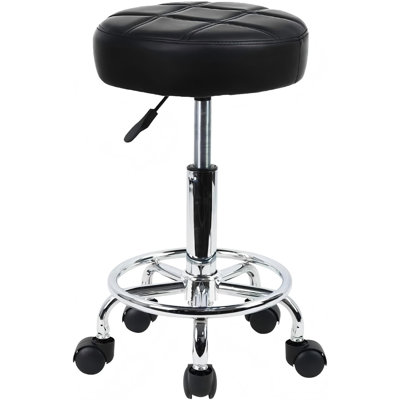 Round Rolling Stool Chair PU Leather Height Adjustable Swivel Stools with Wheels Office Chair (Black) | Office Stool with Wheels