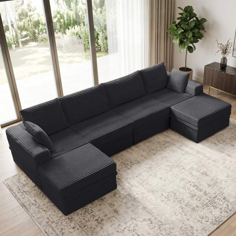 142"W U-Shaped Cloud Modular Sectional Sofa, Minimalist Corduroy Corner Sectional Couch, Extra Deep Seat with 2 Ottomans and Hidden Storage, Easy Mini Assembly, Ideal for Living Room