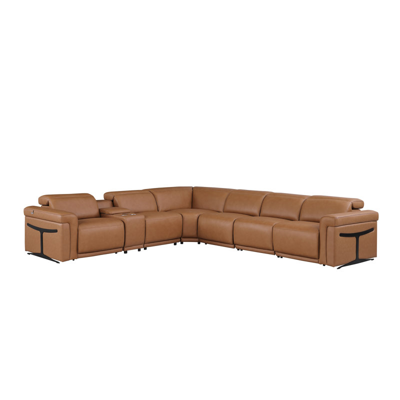 Suhur 7-Piece Top Grain Italian Leather Power Reclining Chaise Sectional, Cognac Genuine Leather