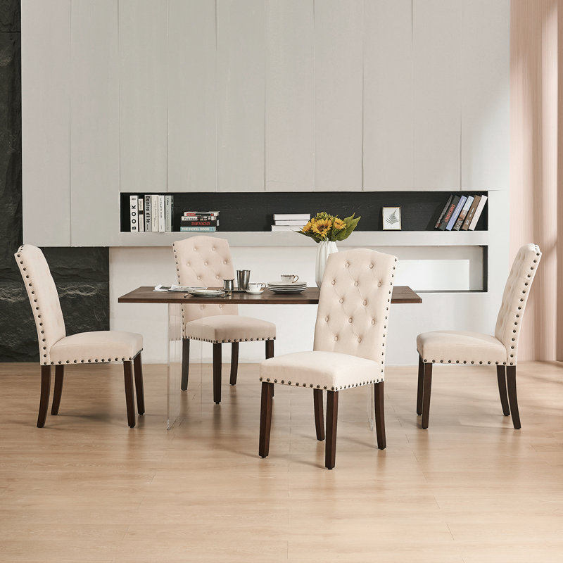 Beige Linen Tufted High Back Parsons Dining Chairs Set of 4