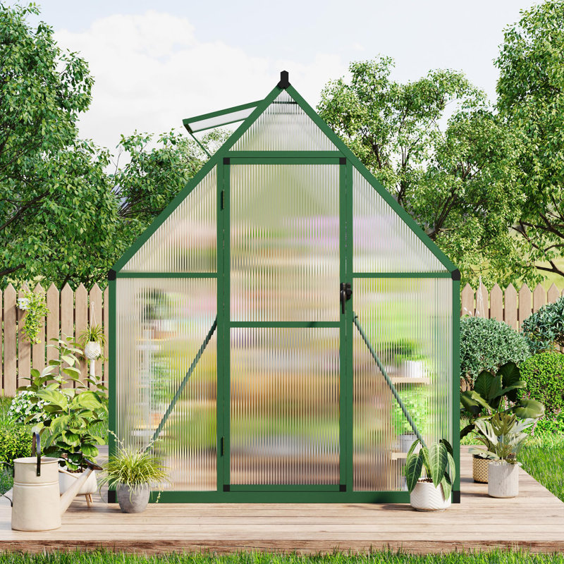 Heavy Duty 6x7 FT Polycarbonate Walk-In Greenhouse with Sturdy Aluminum Frame - Lockable Door - Adjustable Roof Vent - Easy Assembly for Outdoor Garden, Backyard - Green