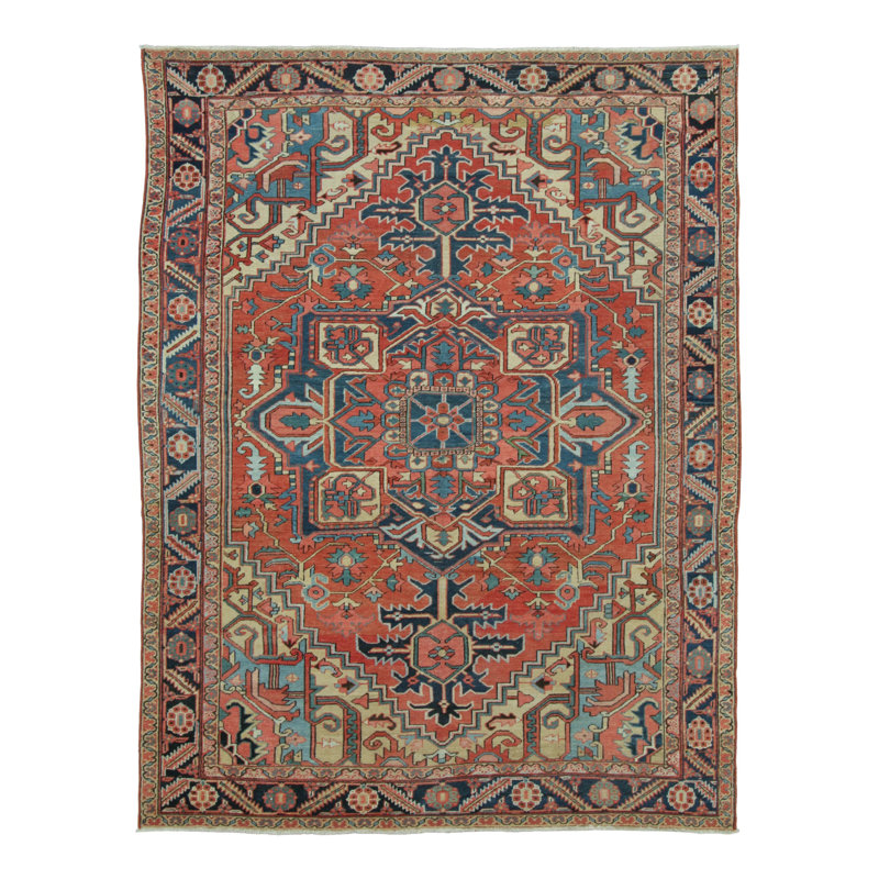 Antique Heriz Rug With Geometric Medallion In Red & Blue - Rug & Kilim