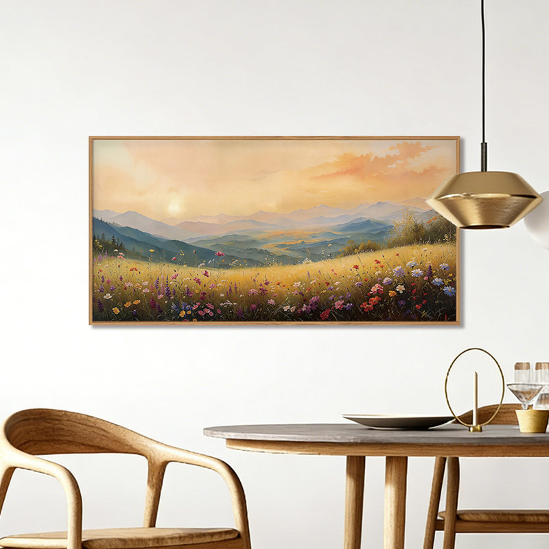 Art mural sur toile grand coucher de soleil pré, art floral encadré, art mural Boho Mountain