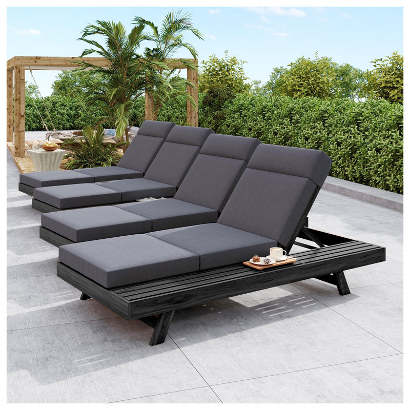 Ensemble de chaises longues en bois d'acacia avec appui-tête et coussins imperméables, noir et gris foncé