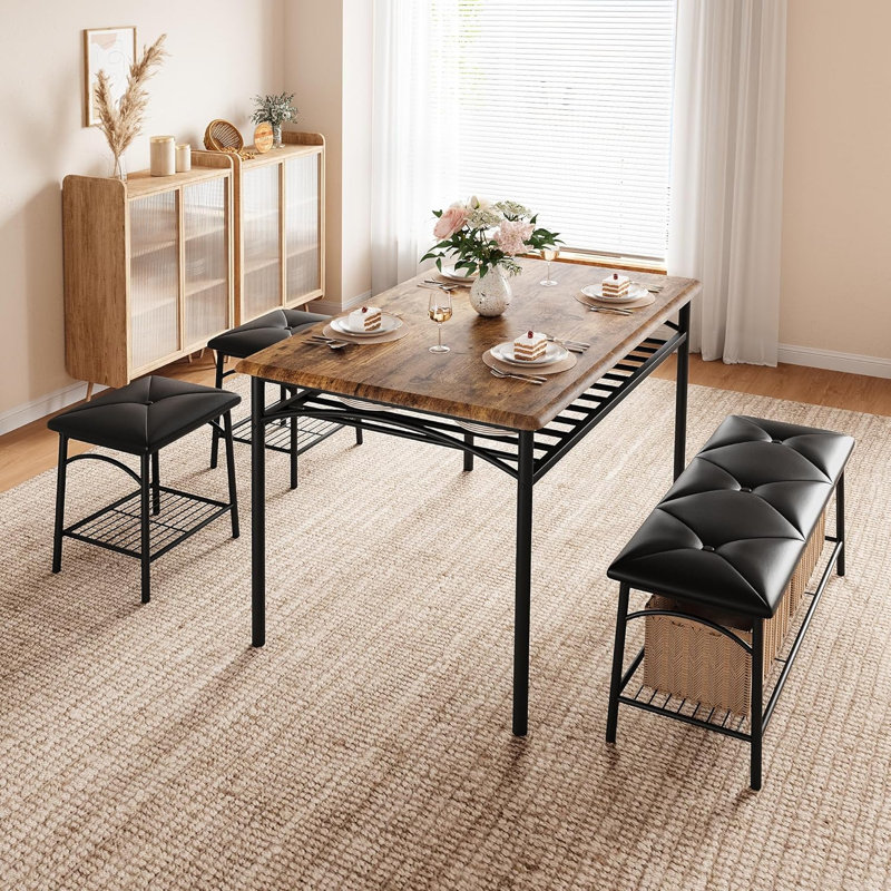 Ensemble de table de salle à manger pour 4 personnes, ensemble de table de cuisine avec banc rembourré et 2 tabourets carrés, structure en métal avec tablettes de rangement, peu encombrant pour les appartements, salle à manger, petits espaces